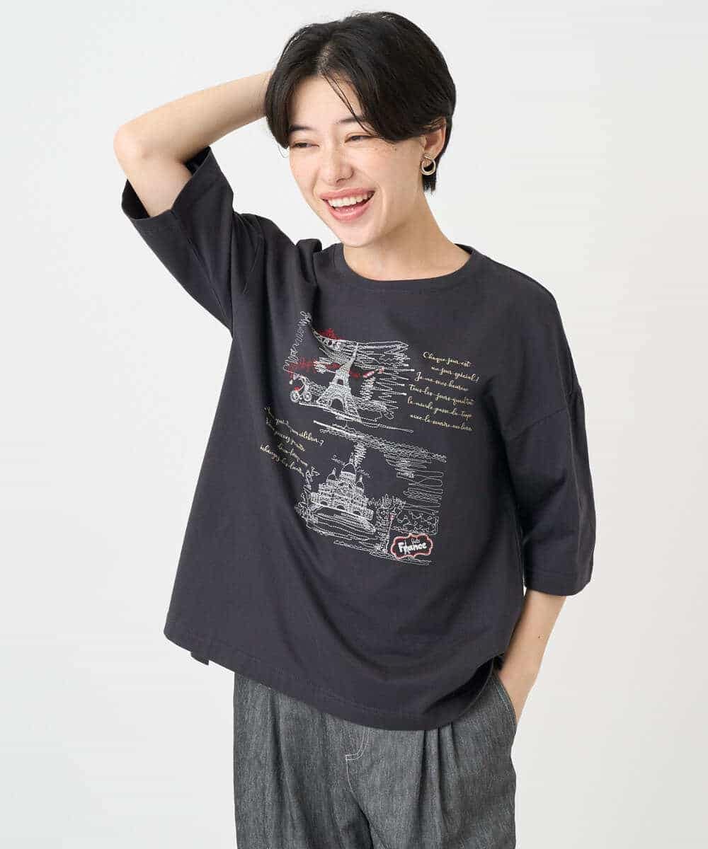NSKJC94190 Maison de CINQ(メゾン ドゥ サンク) 風景刺しゅうTシャツ ホワイト