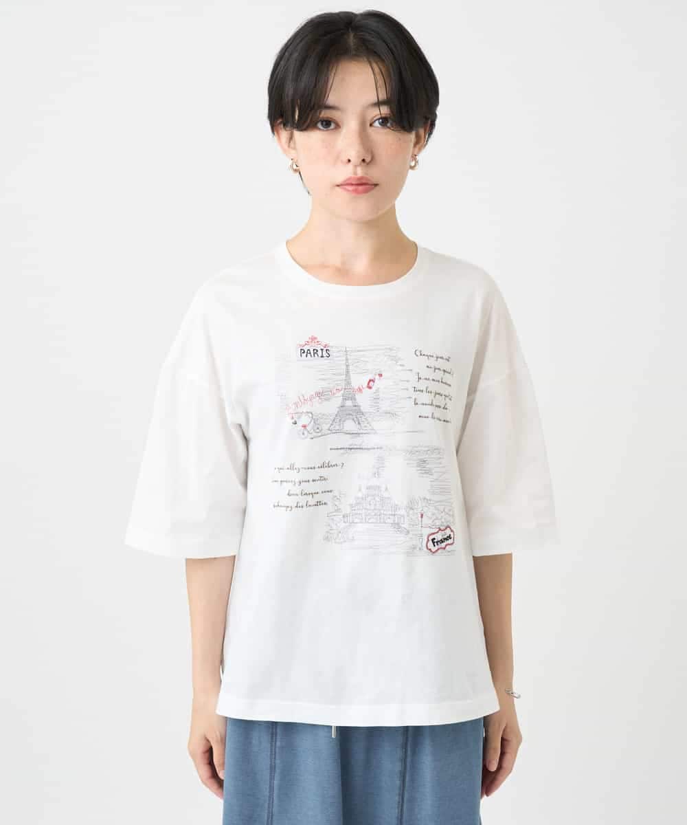 NSKJC94190 Maison de CINQ(メゾン ドゥ サンク) 風景刺しゅうTシャツ ホワイト