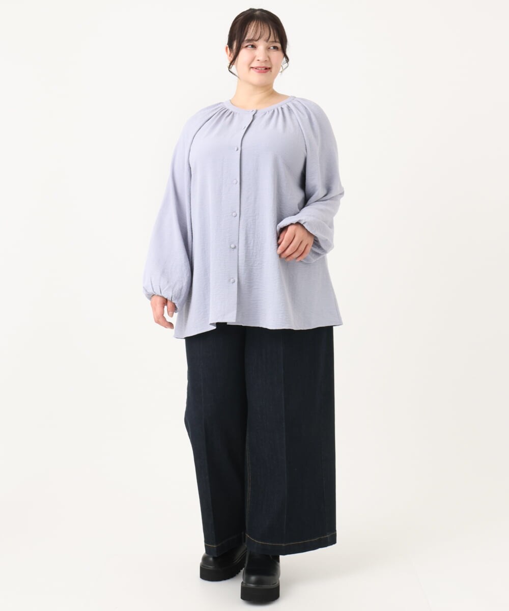 美品DAMAcollection比翼ボタンギャザーブラックシャツサイズ3大きい 大きいサイズ レディース トップス[品番：GJ000020340
