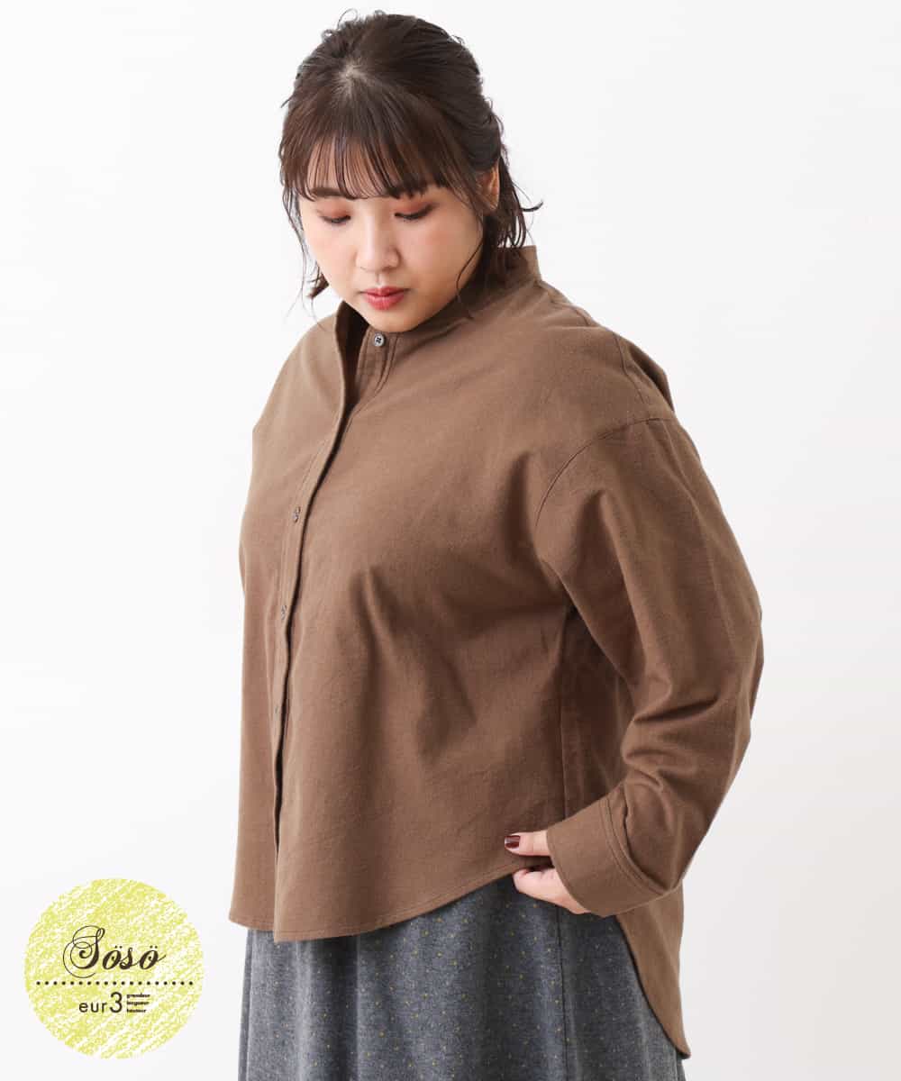 OLBBM07069 eur3(エウルキューブ) 【SOSO×eur3/大きいサイズ】起毛ノーカラーシャツ カーキ