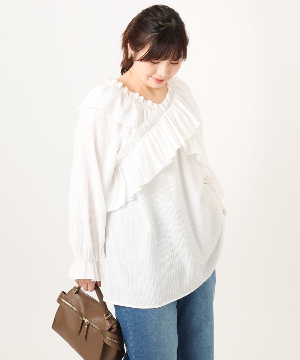 OLBCD12099 eur3(エウルキューブ) 【WEB先行販売】【大きいサイズ】2WAYフリルギャザーブラウス ホワイト(90)