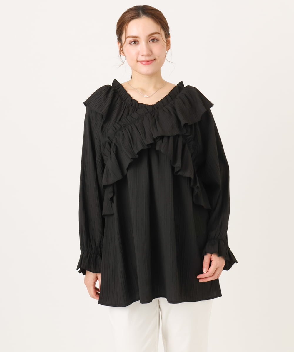 OLBCD12099 eur3(エウルキューブ) 【WEB先行販売】【大きいサイズ】2WAYフリルギャザーブラウス ブラック(94)