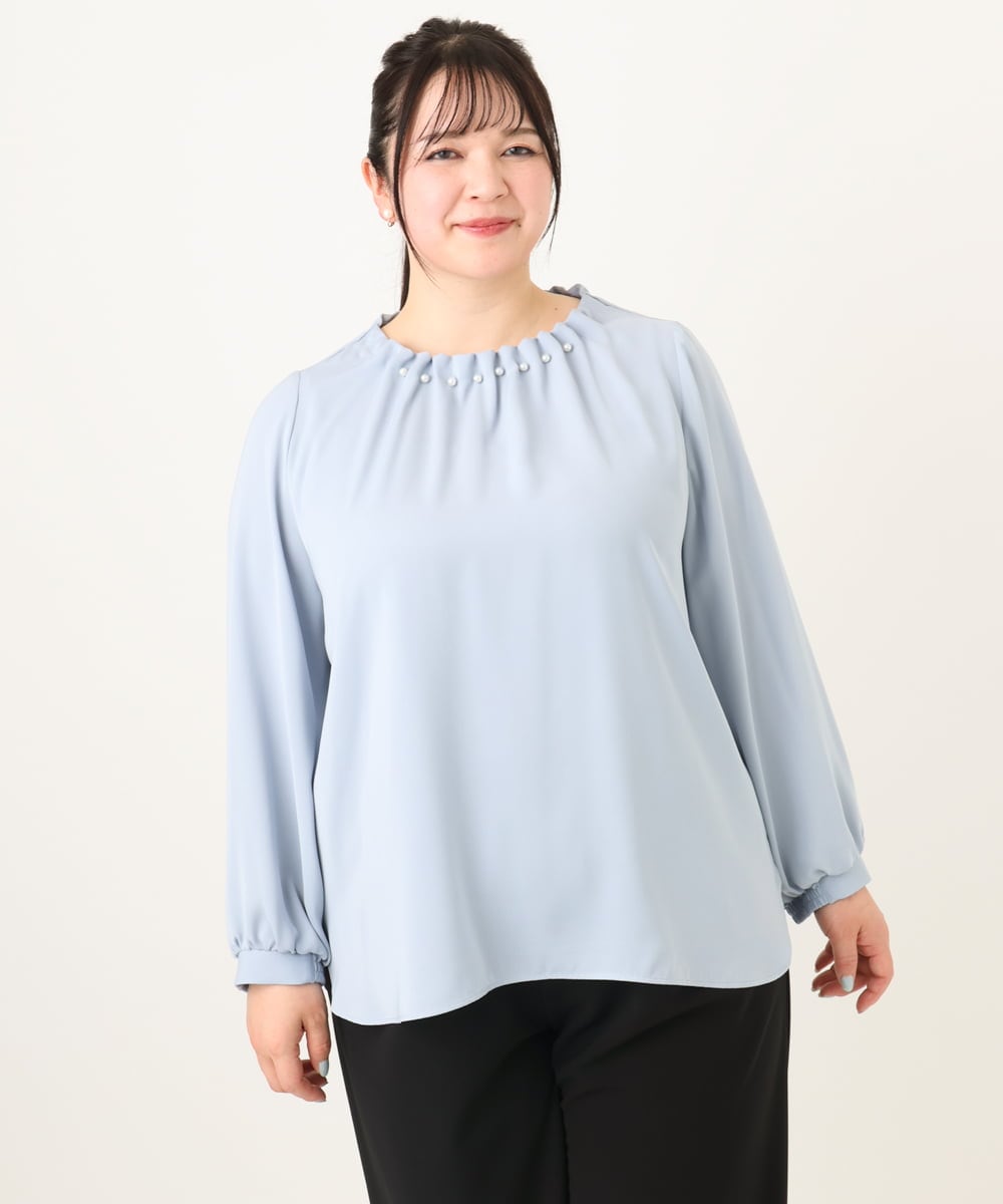 OLBDA02079 eur3(エウルキューブ) 【大きいサイズ/11号サイズあり】タックパールブラウス ライトブルー(50)
