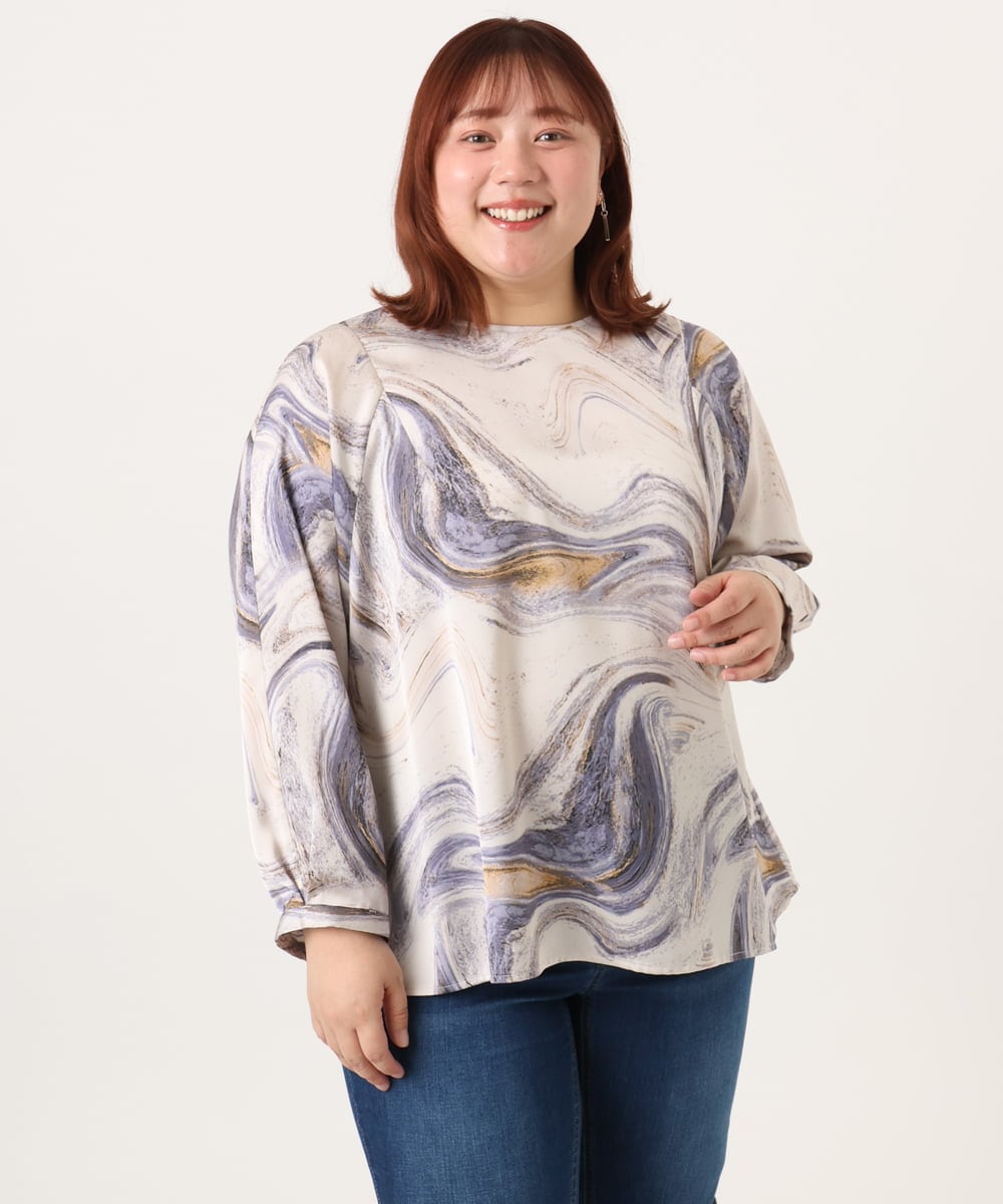 OLBDD10089 eur3(エウルキューブ) 【WEB先行販売】【大きいサイズ】アブストラクトプリントブラウス ベージュ(82)