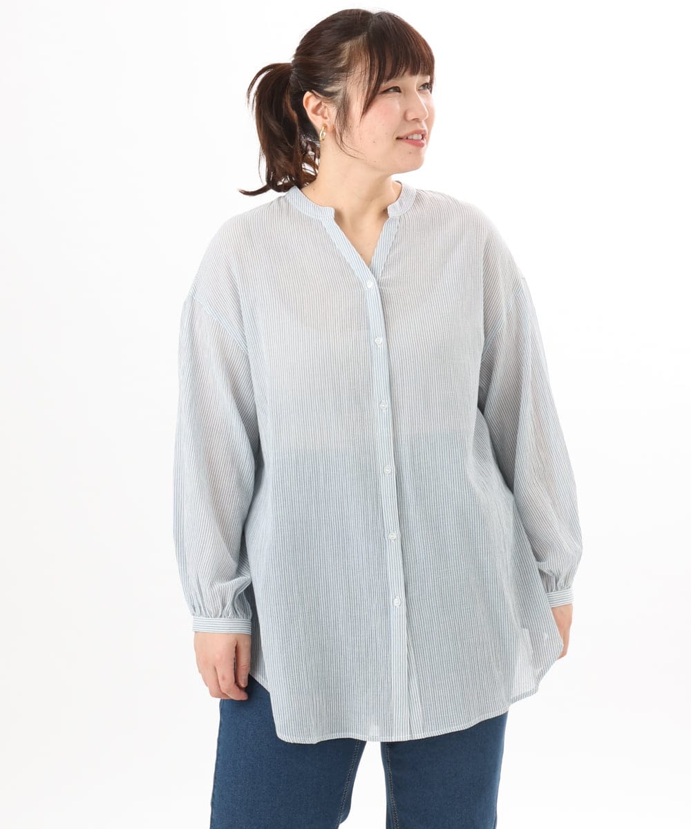 OLBED06089 eur3(エウルキューブ) 【WEB先行販売】【大きいサイズ】バンドカラーコットンブラウス ブルー(ストライプ）