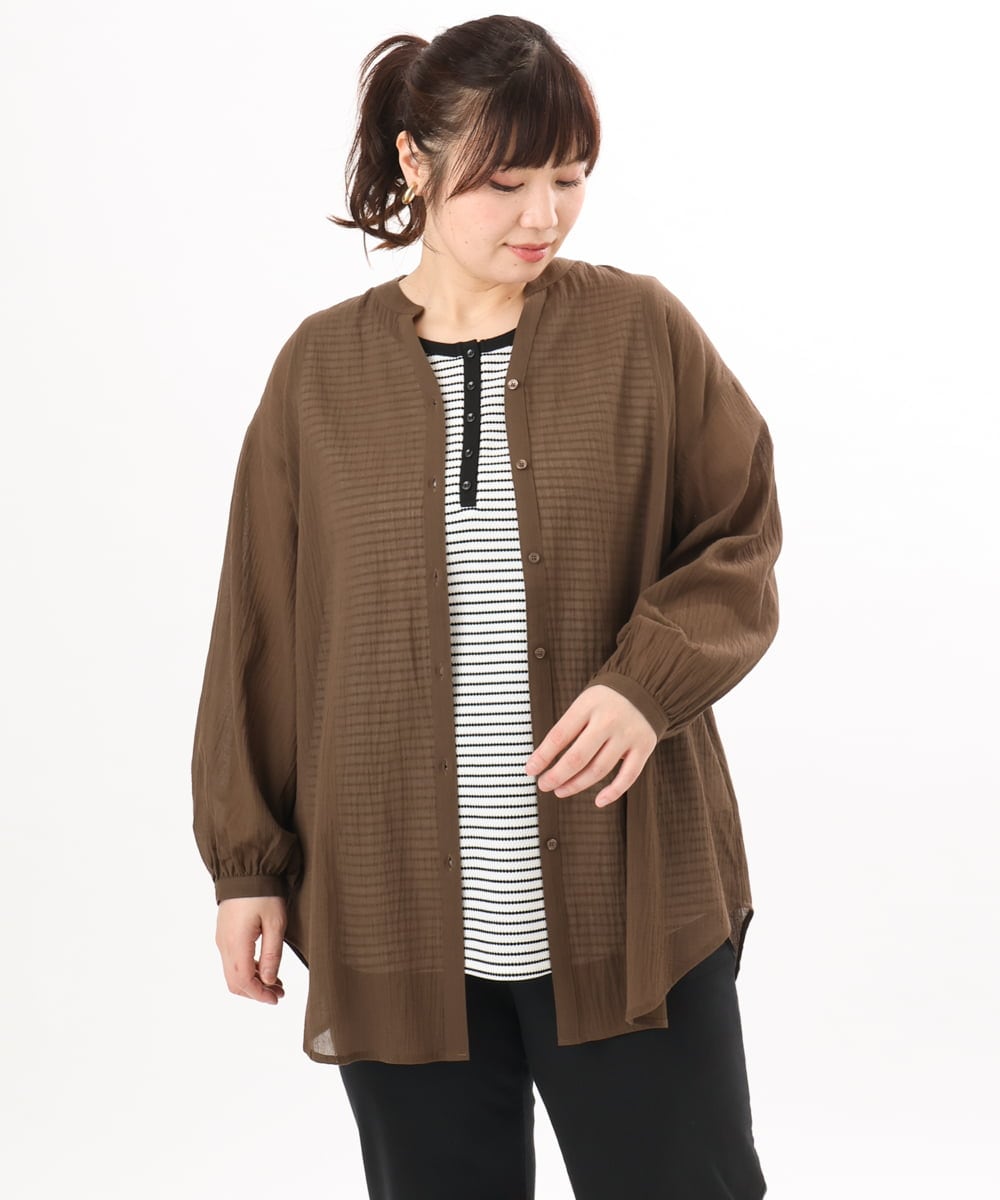OLBED06089 eur3(エウルキューブ) 【WEB先行販売】【大きいサイズ】バンドカラーコットンブラウス ダークブラウン