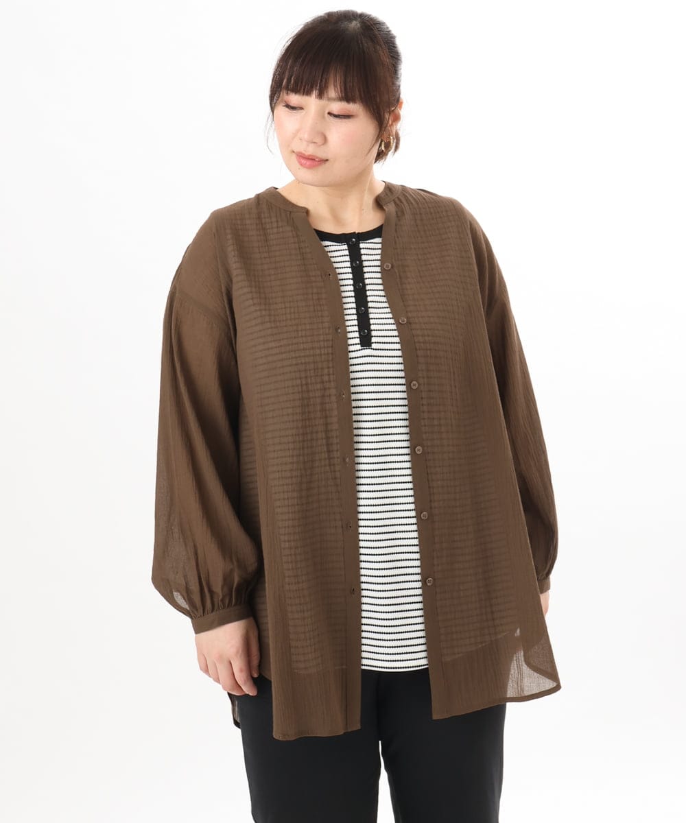 OLBED06089 eur3(エウルキューブ) 【WEB先行販売】【大きいサイズ】バンドカラーコットンブラウス ダークブラウン
