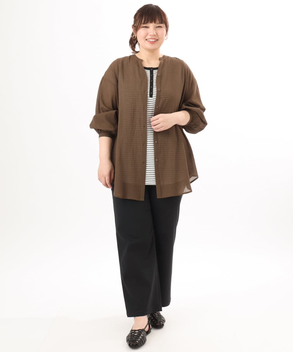 OLBED06089 eur3(エウルキューブ) 【WEB先行販売】【大きいサイズ】バンドカラーコットンブラウス ダークブラウン