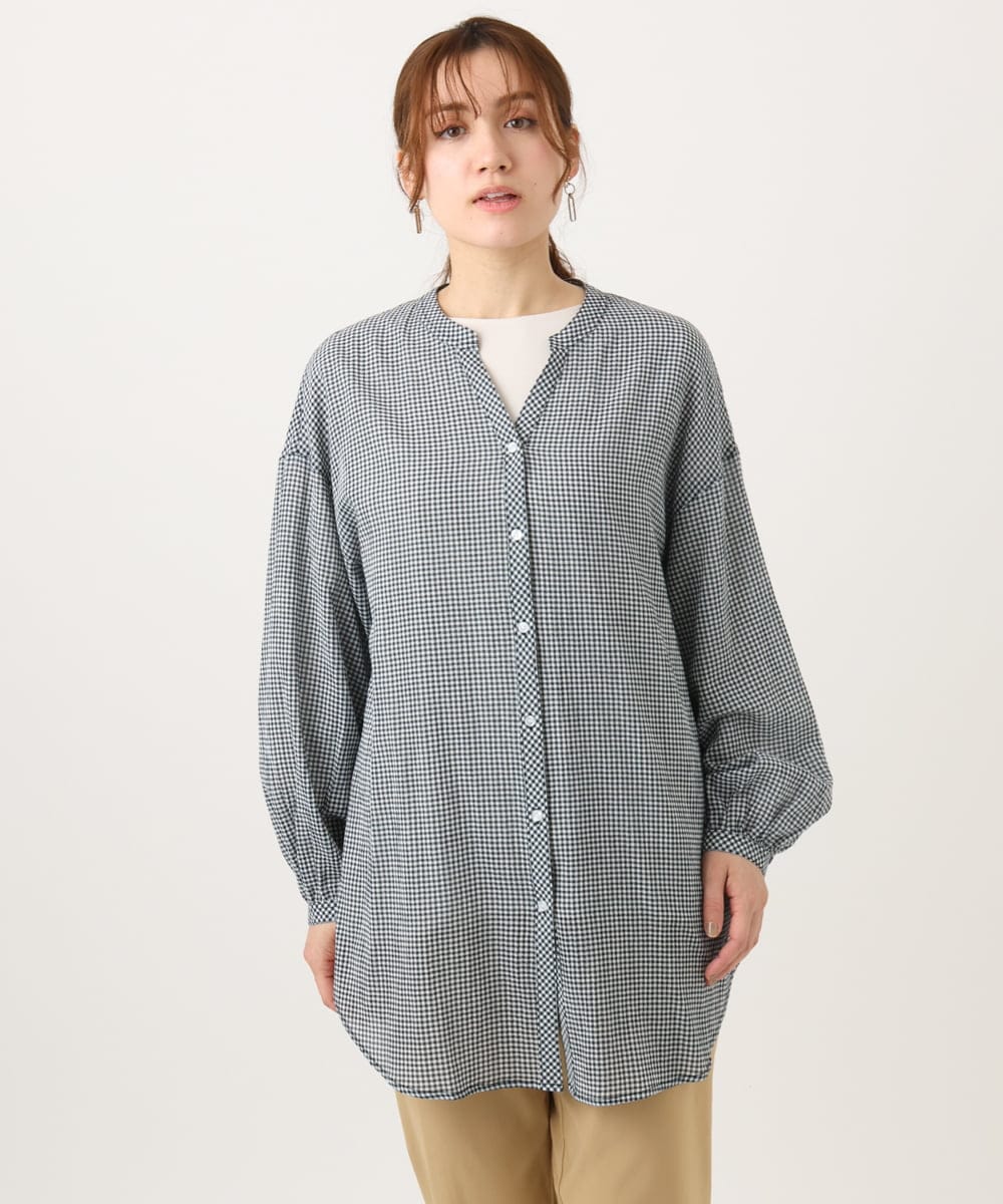 OLBED06089 eur3(エウルキューブ) 【WEB先行販売】【大きいサイズ】バンドカラーコットンブラウス ホワイト(ギンガムチェック）