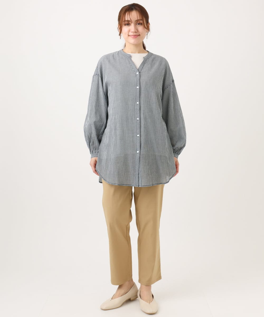 OLBED06089 eur3(エウルキューブ) 【WEB先行販売】【大きいサイズ】バンドカラーコットンブラウス ホワイト(ギンガムチェック）