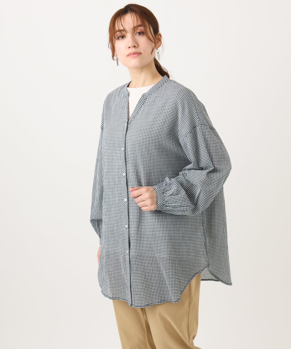 OLBED06089 eur3(エウルキューブ) 【WEB先行販売】【大きいサイズ】バンドカラーコットンブラウス ホワイト(ギンガムチェック）