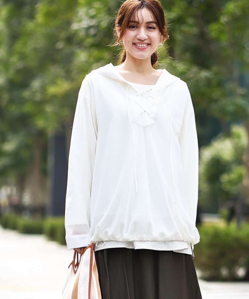 OLBED16119 eur3(エウルキューブ) 【大きいサイズ】レースアップメッシュフーディ アイボリー