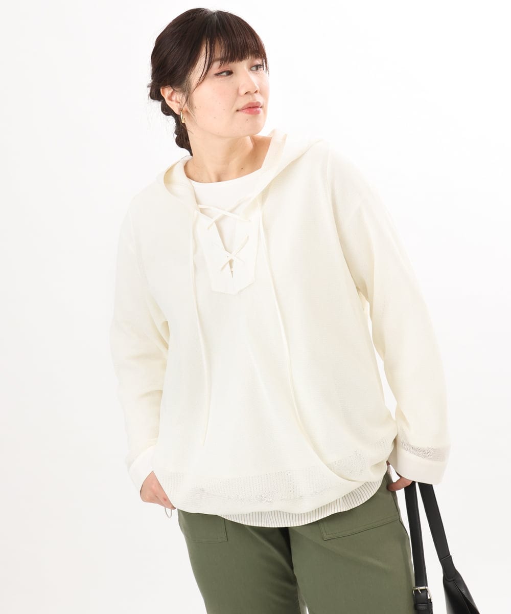 OLBED16119 eur3(エウルキューブ) 【大きいサイズ】レースアップメッシュフーディ アイボリー