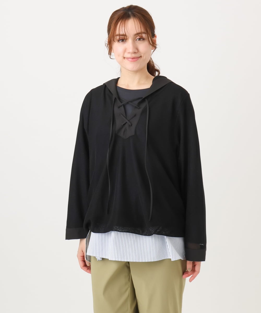 OLBED16119 eur3(エウルキューブ) 【大きいサイズ】レースアップメッシュフーディ ブラック