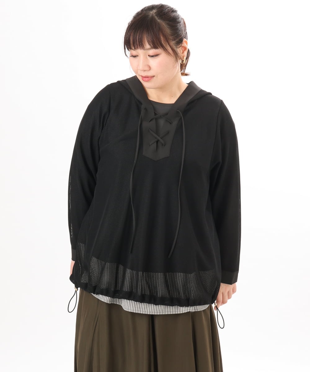 OLBED16119 eur3(エウルキューブ) 【大きいサイズ】レースアップメッシュフーディ ブラック