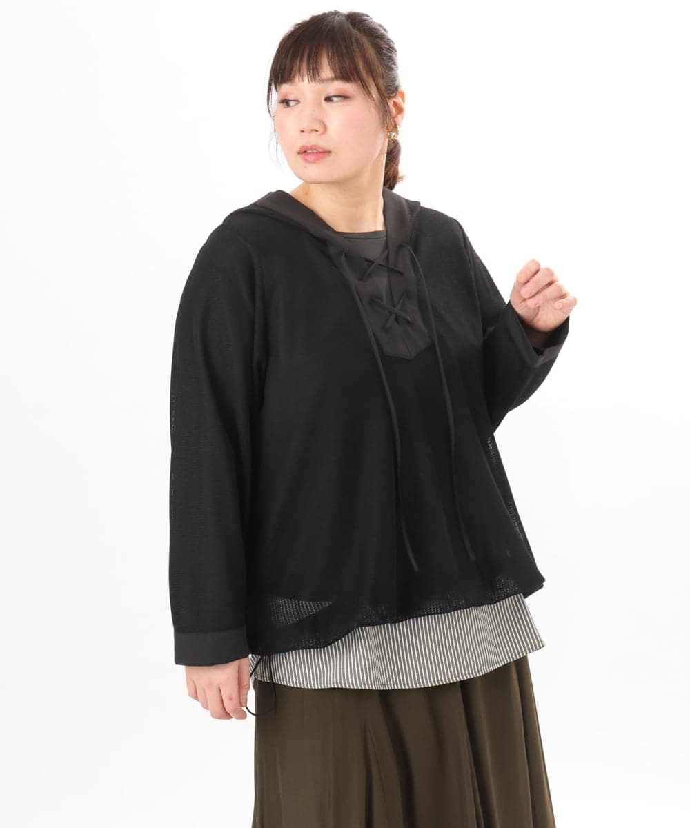 OLBED16119 eur3(エウルキューブ) 【大きいサイズ】レースアップメッシュフーディ ブラック