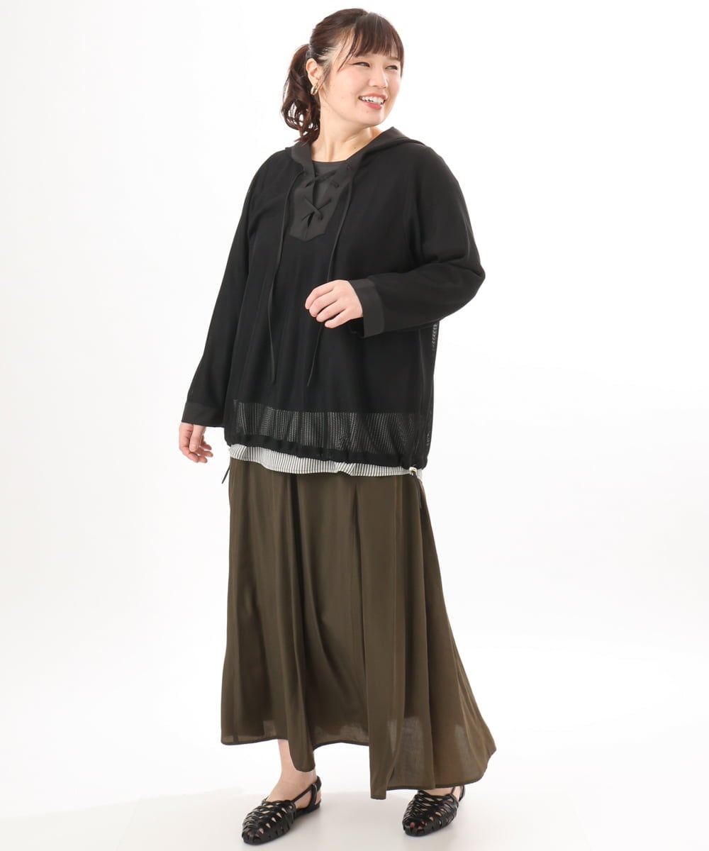 OLBED16119 eur3(エウルキューブ) 【大きいサイズ】レースアップメッシュフーディ ブラック