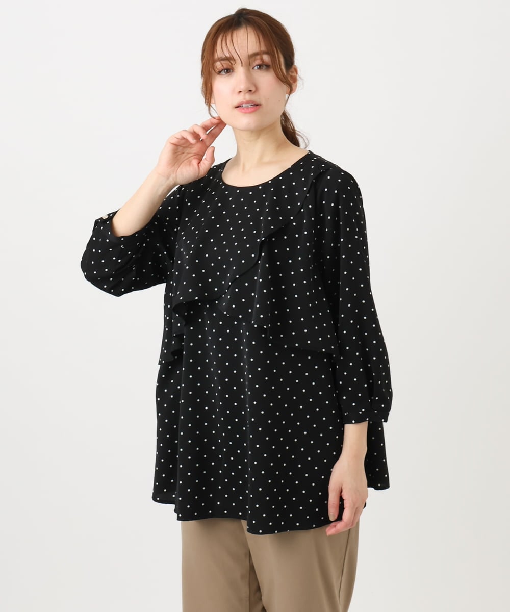 OLBED18099 eur3(エウルキューブ) 【大きいサイズ】ドットプリントフレアブラウス ブラック