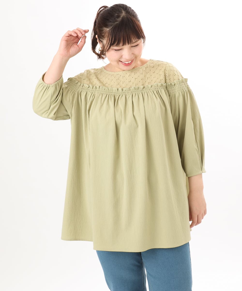 OLBED20109 eur3(エウルキューブ) 【大きいサイズ】レースコンビシャーリングブラウス カーキ