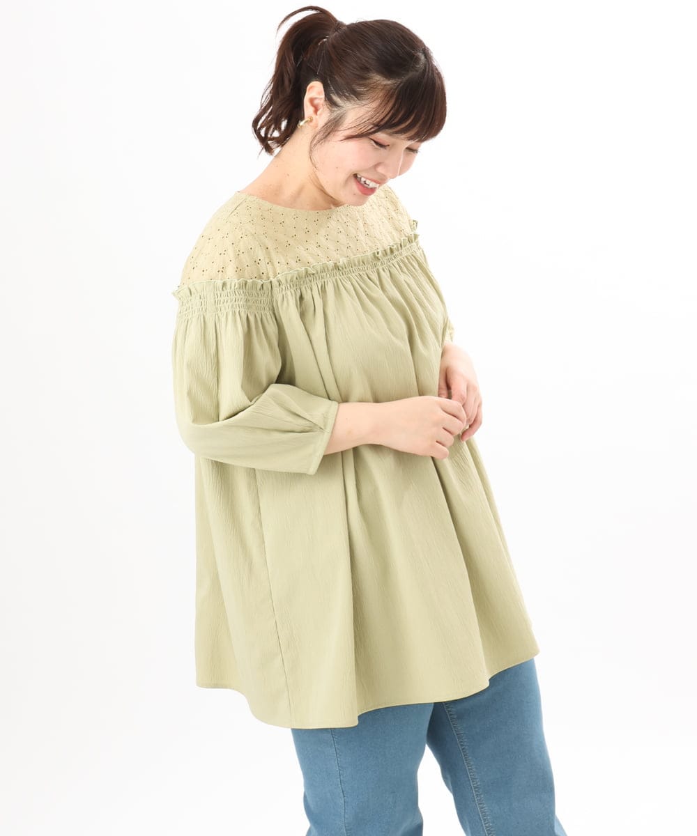 OLBED20109 eur3(エウルキューブ) 【大きいサイズ】レースコンビシャーリングブラウス カーキ