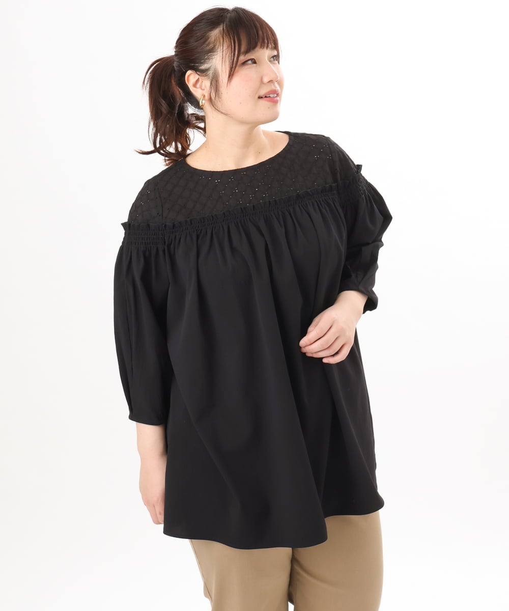 OLBED20109 eur3(エウルキューブ) 【大きいサイズ】レースコンビシャーリングブラウス ブラック