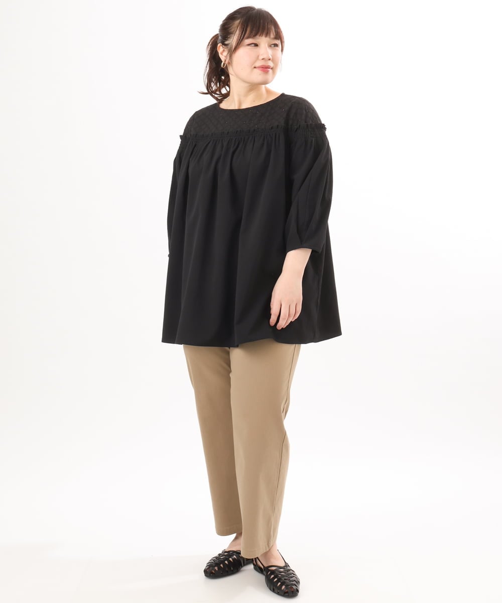 OLBED20109 eur3(エウルキューブ) 【大きいサイズ】レースコンビシャーリングブラウス ブラック