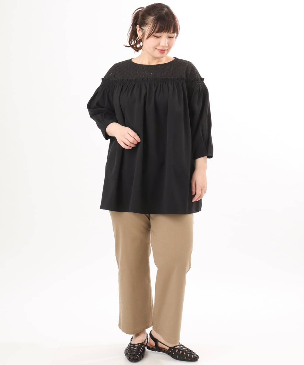 OLBED20109 eur3(エウルキューブ) 【大きいサイズ】レースコンビシャーリングブラウス ブラック