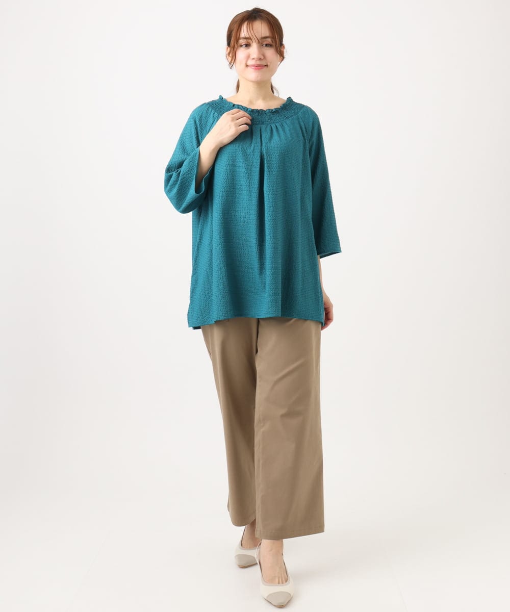 OLBED21099 eur3(エウルキューブ) 【WEB先行販売】【大きいサイズ】ギンガムシャーリングブラウス グリーン