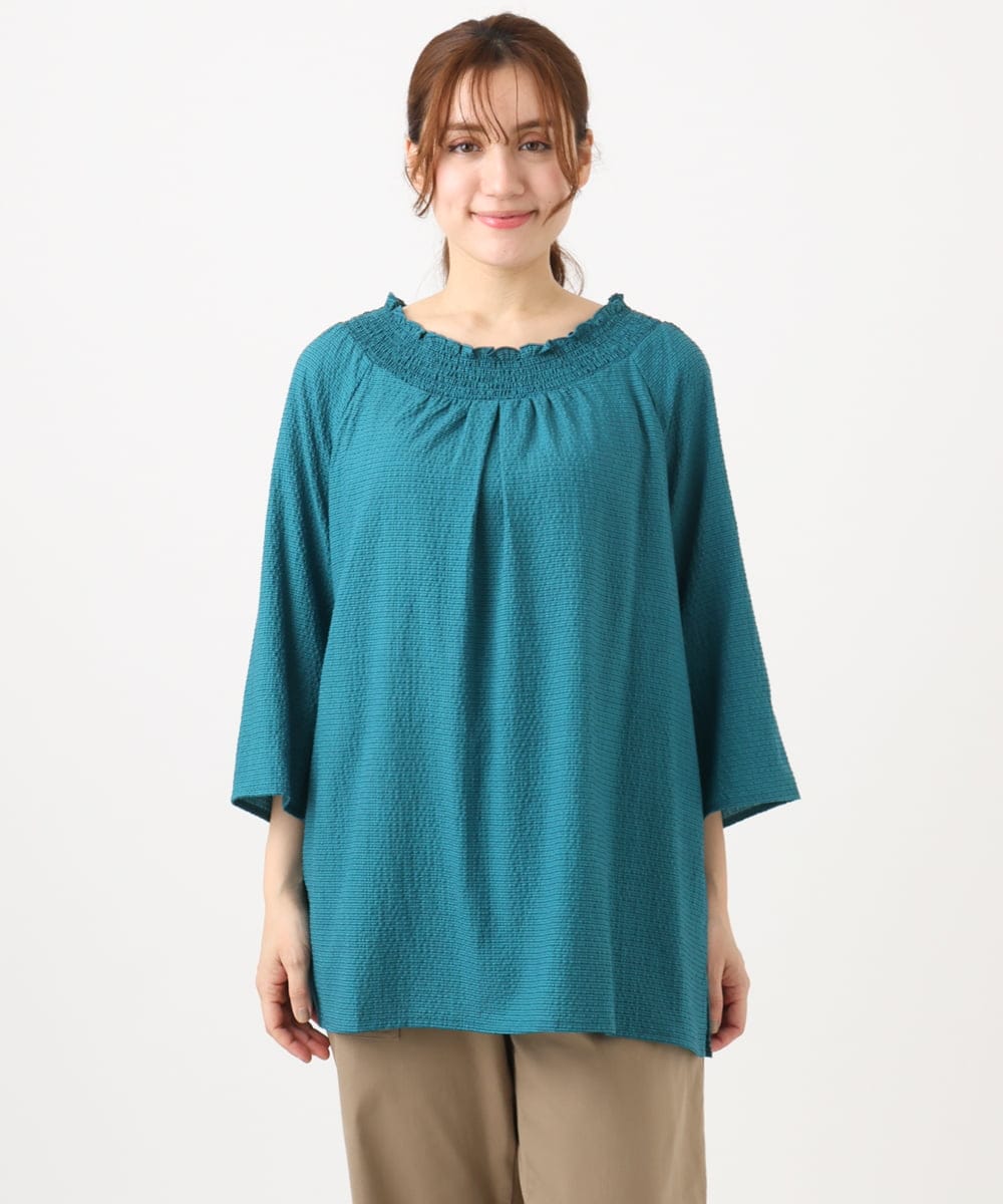 OLBED21099 eur3(エウルキューブ) 【WEB先行販売】【大きいサイズ】ギンガムシャーリングブラウス グリーン