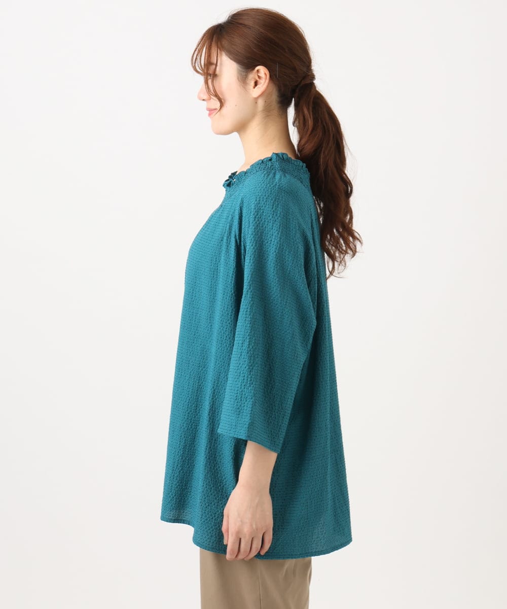 OLBED21099 eur3(エウルキューブ) 【WEB先行販売】【大きいサイズ】ギンガムシャーリングブラウス グリーン