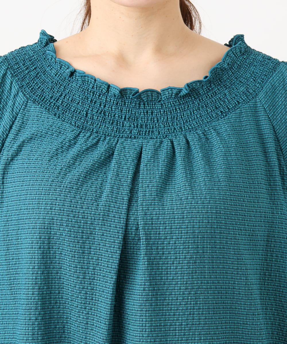 OLBED21099 eur3(エウルキューブ) 【WEB先行販売】【大きいサイズ】ギンガムシャーリングブラウス グリーン