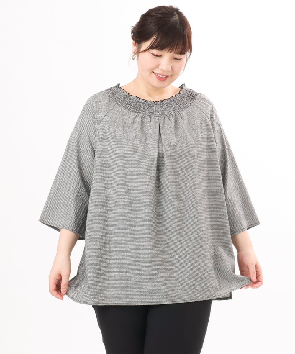 OLBED21099 eur3(エウルキューブ) 【WEB先行販売】【大きいサイズ】ギンガムシャーリングブラウス ブラック