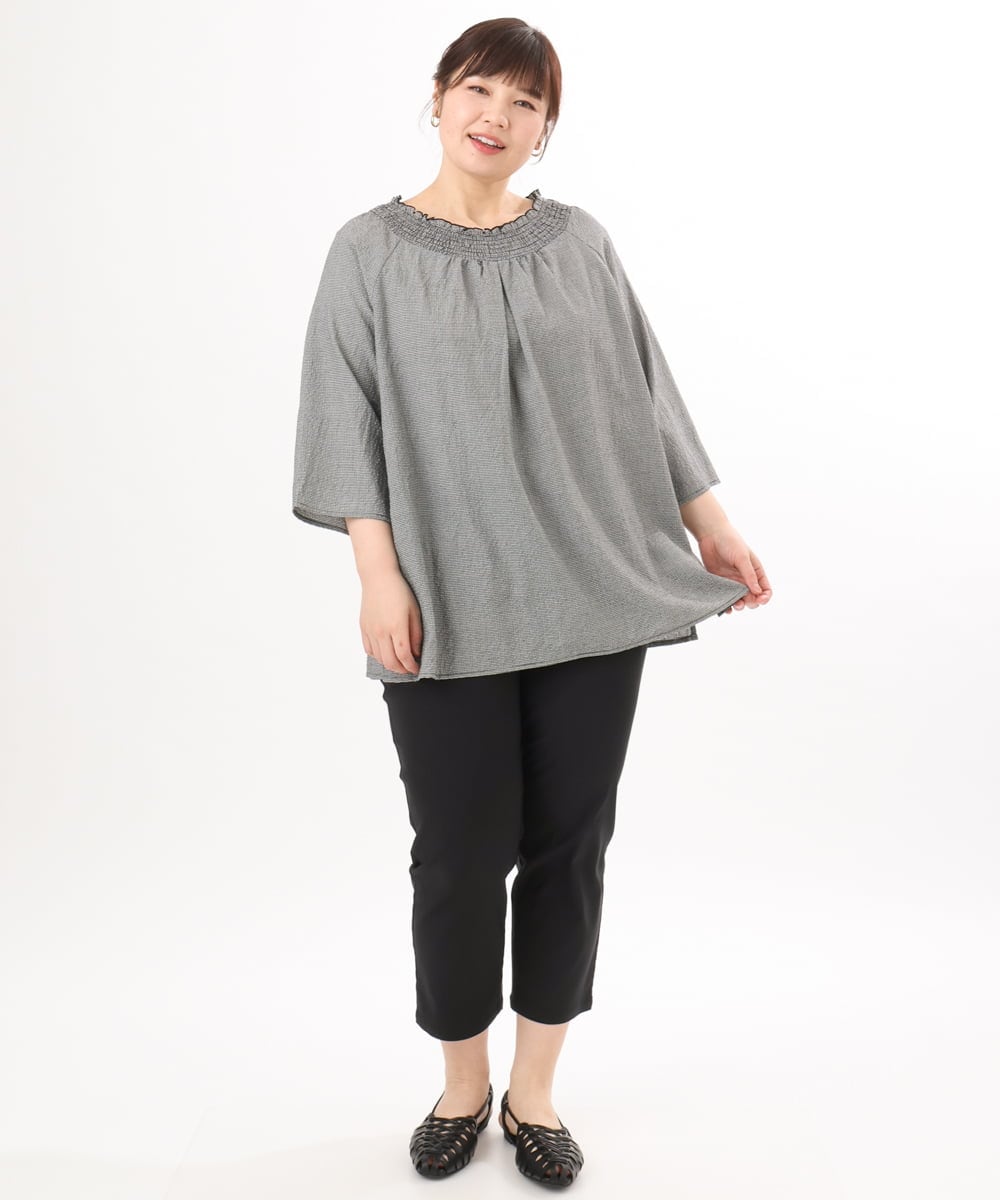 OLBED21099 eur3(エウルキューブ) 【WEB先行販売】【大きいサイズ】ギンガムシャーリングブラウス ブラック