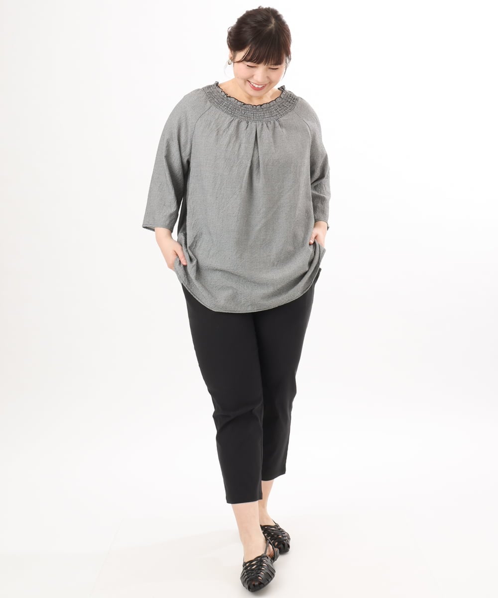 OLBED21099 eur3(エウルキューブ) 【WEB先行販売】【大きいサイズ】ギンガムシャーリングブラウス ブラック