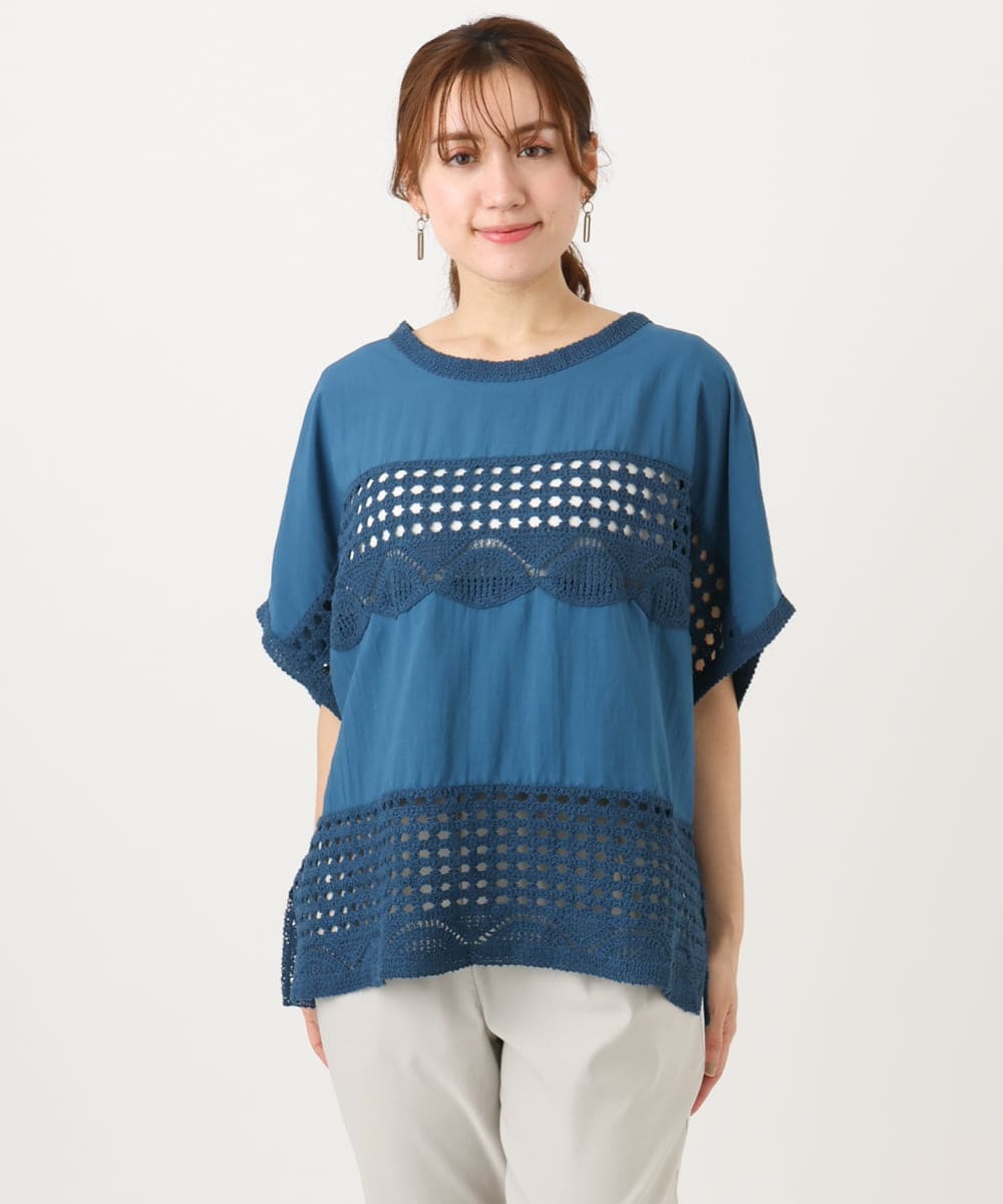 OLBED29119 eur3(エウルキューブ) 【大きいサイズ】かぎ針切り替えブラウス ブルー