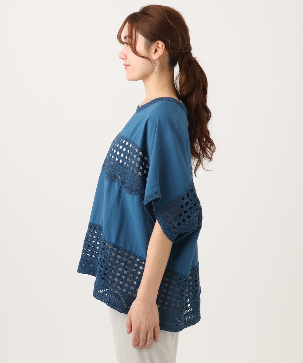 OLBED29119 eur3(エウルキューブ) 【大きいサイズ】かぎ針切り替えブラウス ブルー