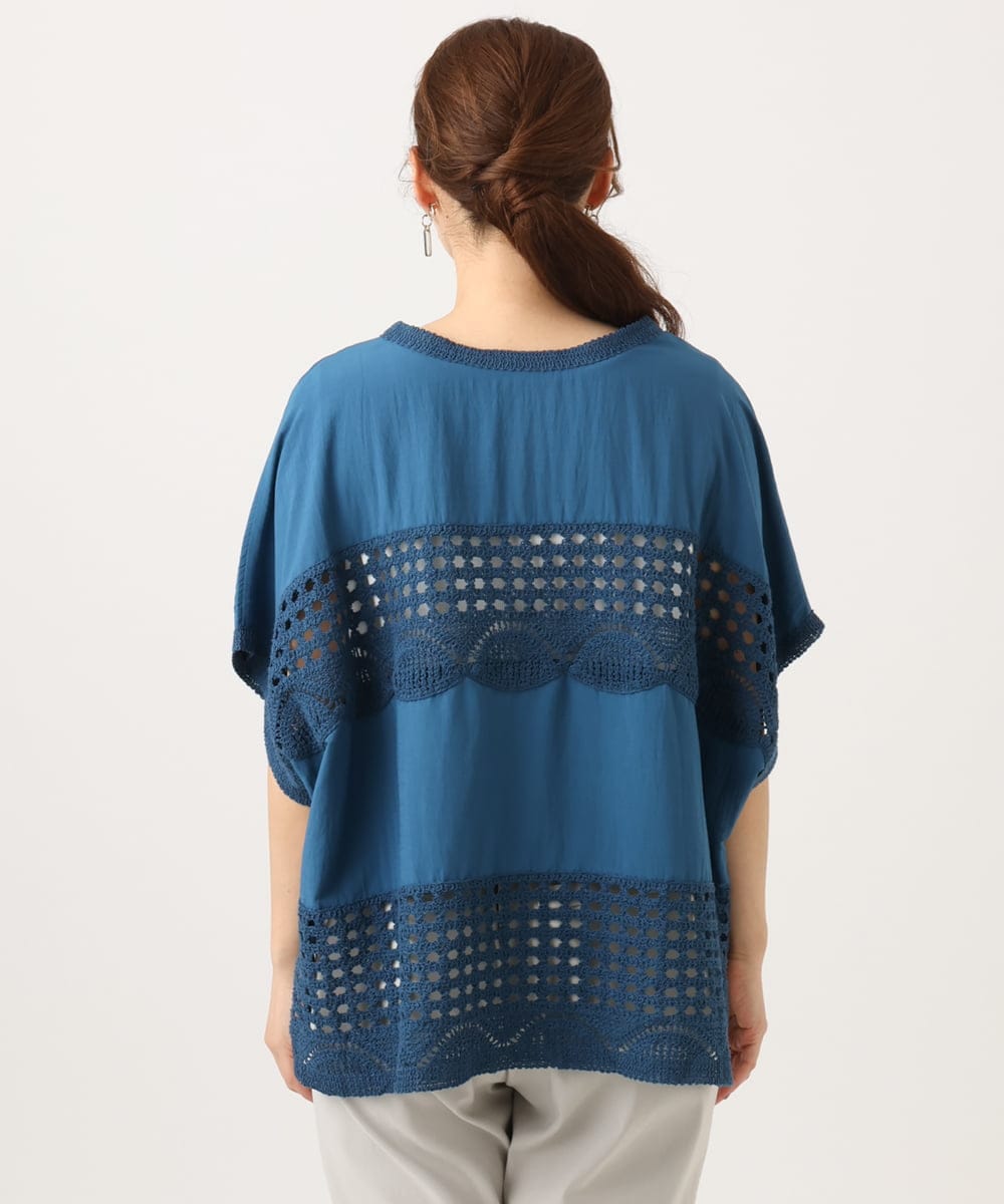 OLBED29119 eur3(エウルキューブ) 【大きいサイズ】かぎ針切り替えブラウス ブルー