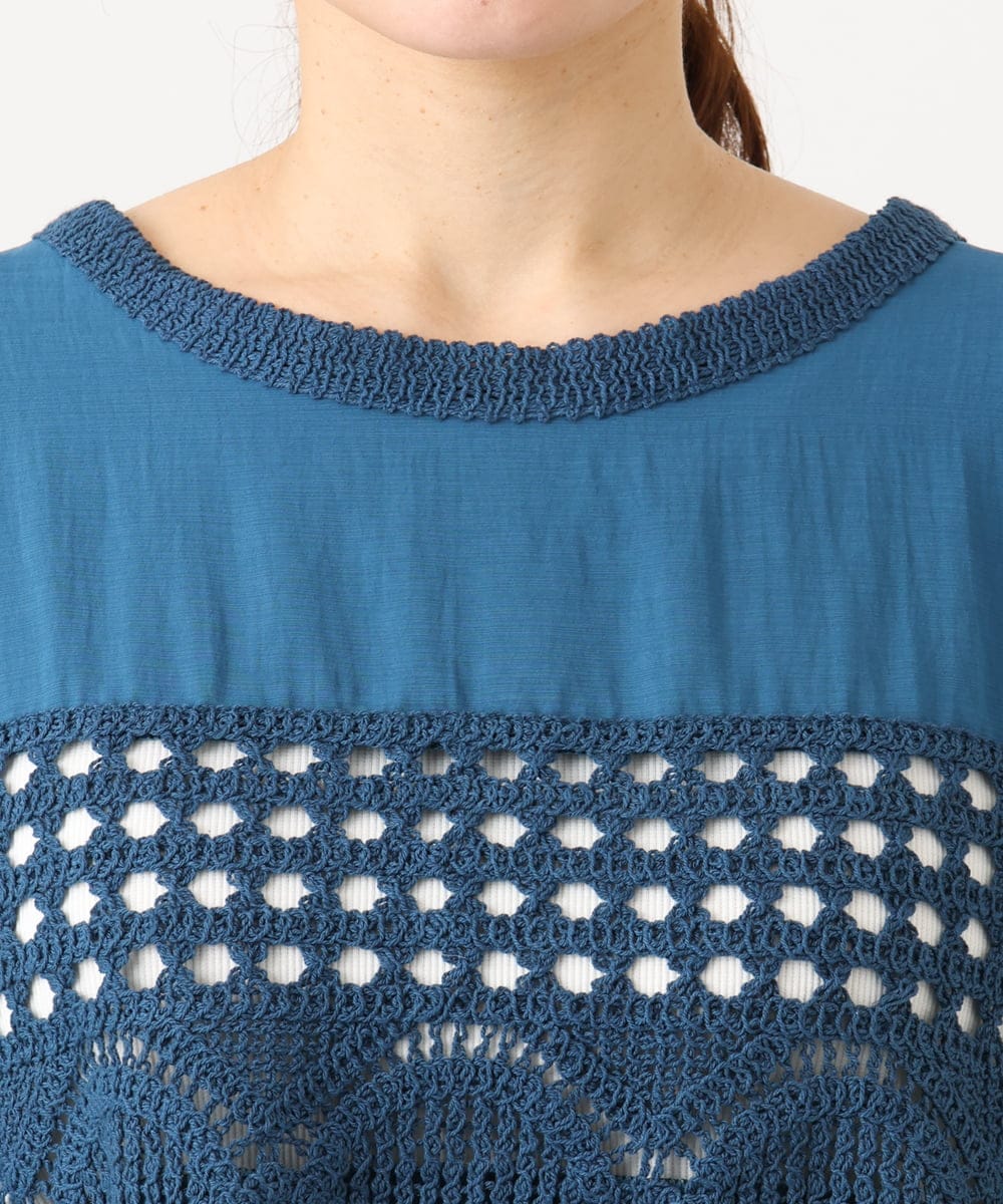 OLBED29119 eur3(エウルキューブ) 【大きいサイズ】かぎ針切り替えブラウス ブルー