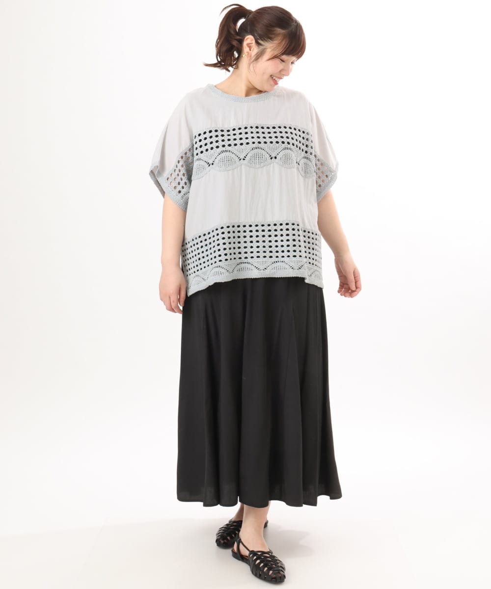 OLBED29119 eur3(エウルキューブ) 【大きいサイズ】かぎ針切り替えブラウス ライトグレー