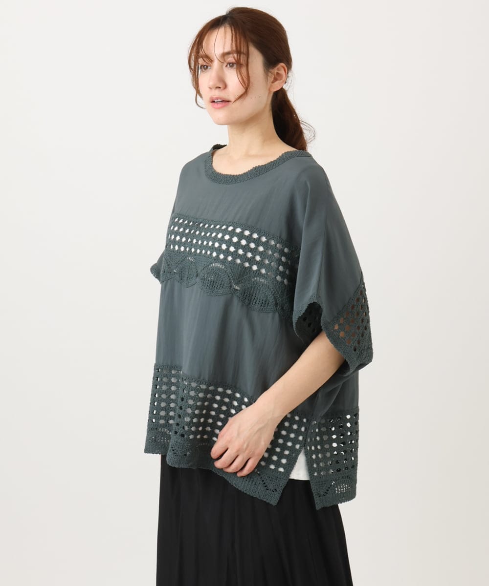 OLBED29119 eur3(エウルキューブ) 【大きいサイズ】かぎ針切り替えブラウス ダークグレー