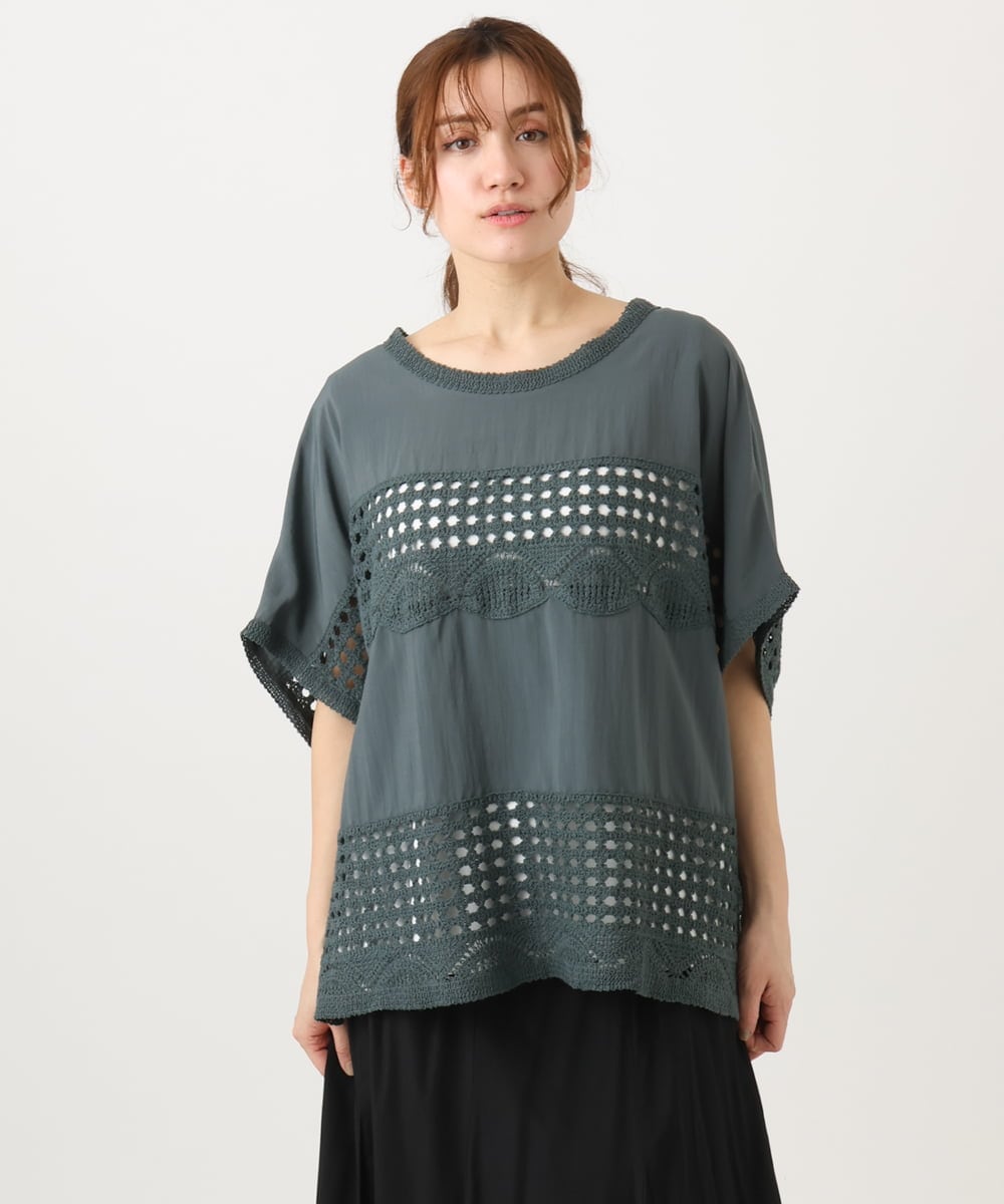 OLBED29119 eur3(エウルキューブ) 【大きいサイズ】かぎ針切り替えブラウス ダークグレー