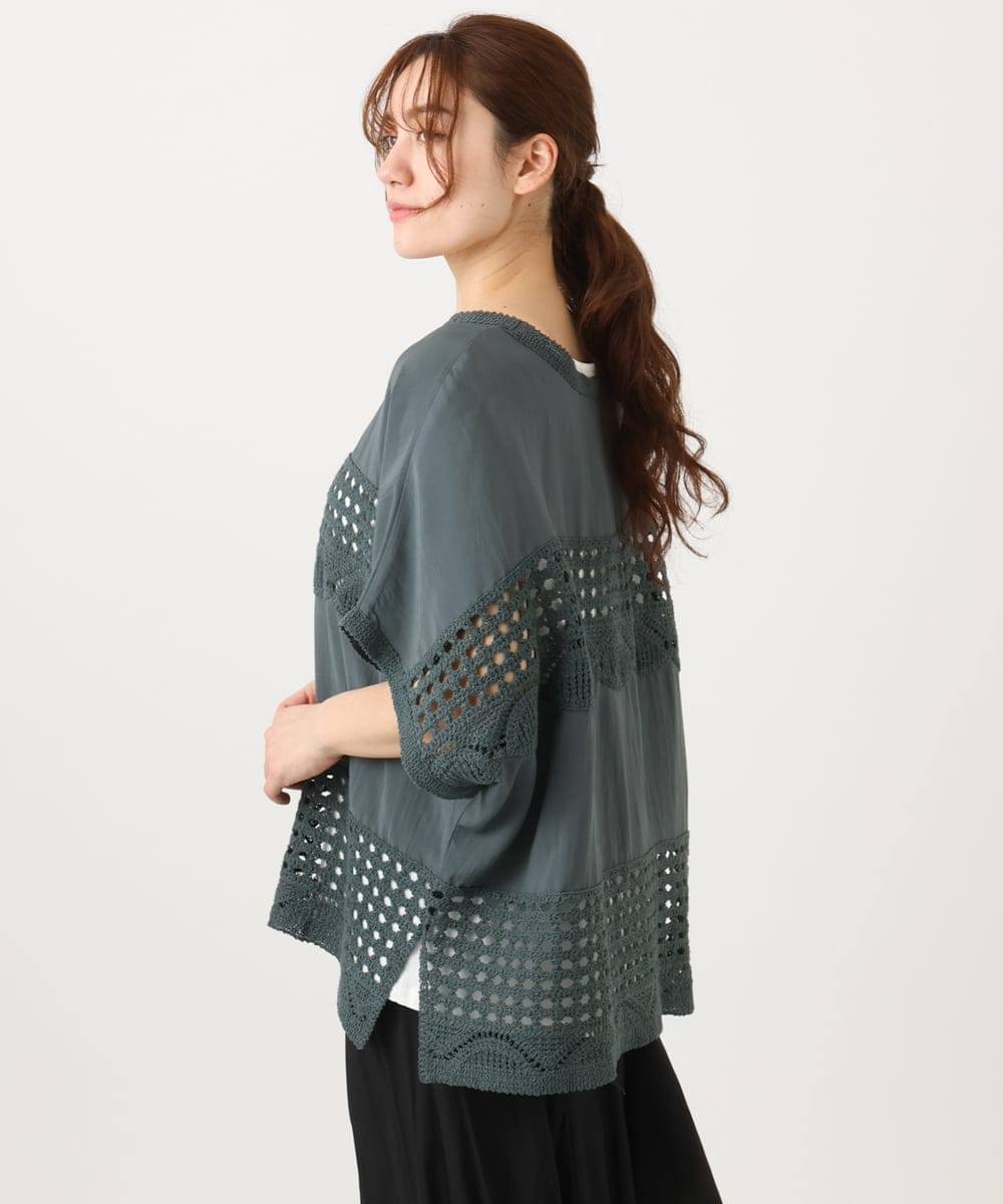 OLBED29119 eur3(エウルキューブ) 【大きいサイズ】かぎ針切り替えブラウス ダークグレー