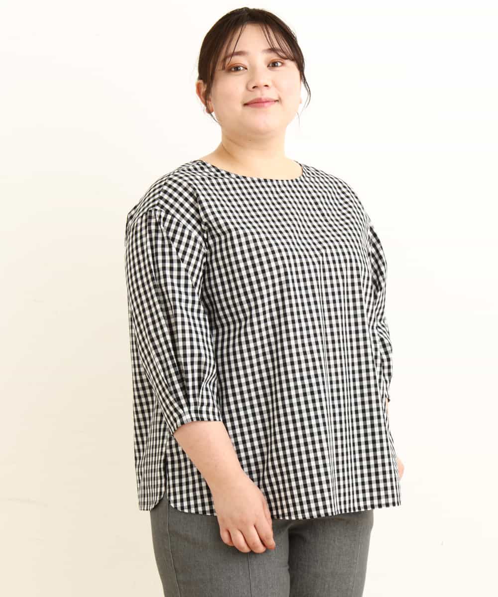 OLBEP07070 eur3(エウルキューブ) 【大きいサイズ/前後2WAY】ボタンディティールブラウス ブラック(94)(ギンガムチェック)