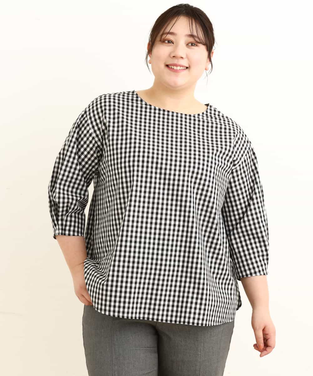 OLBEP07070 eur3(エウルキューブ) 【大きいサイズ/前後2WAY】ボタンディティールブラウス ブラック(94)(ギンガムチェック)