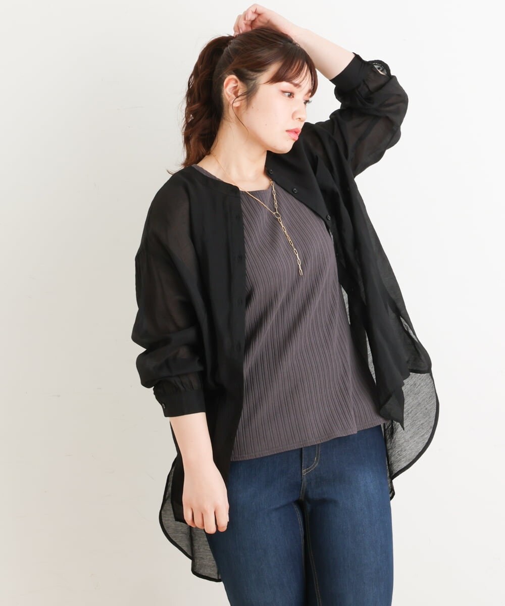OLBES09080 eur3(エウルキューブ) 【大きいサイズ】バンドカラーシアーシャツ ブラック(94)(WEB限定カラー)