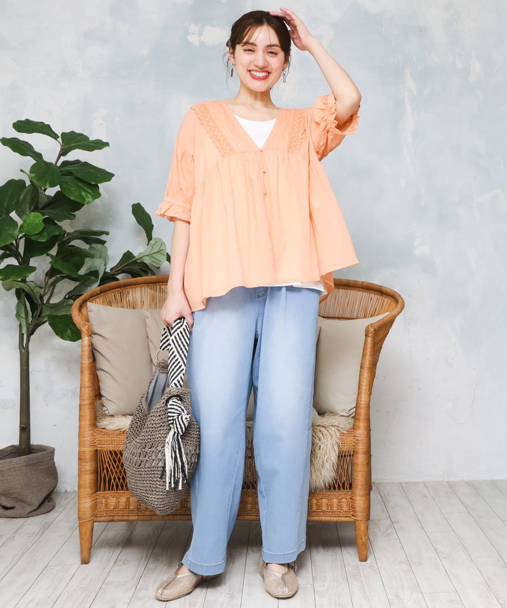 OLBFD03089 eur3(エウルキューブ) 【大きいサイズ】ピンタックコットンブラウス オレンジ