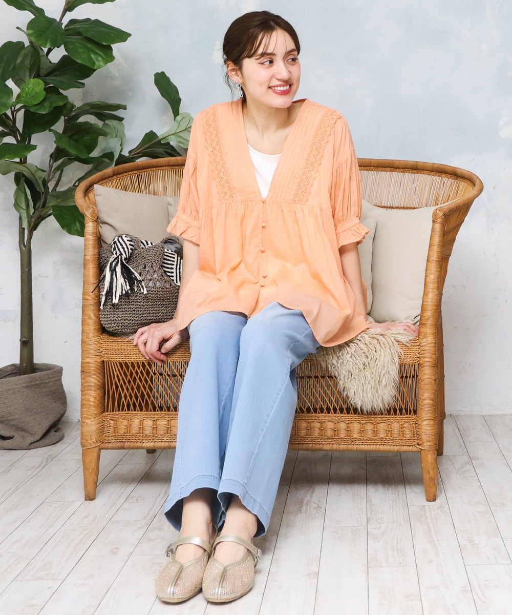 OLBFD03089 eur3(エウルキューブ) 【大きいサイズ】ピンタックコットンブラウス オレンジ