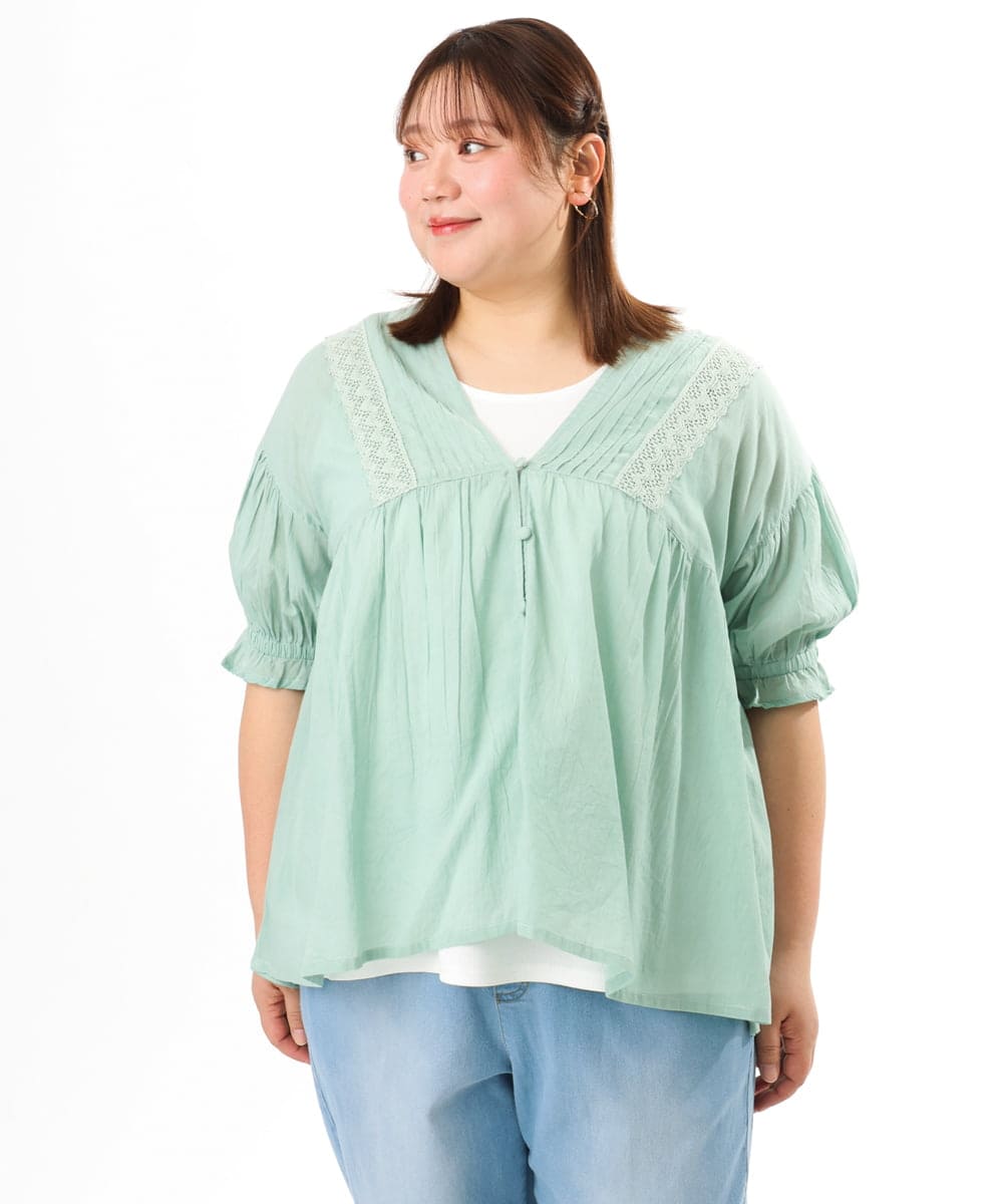 OLBFD03089 eur3(エウルキューブ) 【大きいサイズ】ピンタックコットンブラウス ライトブルー