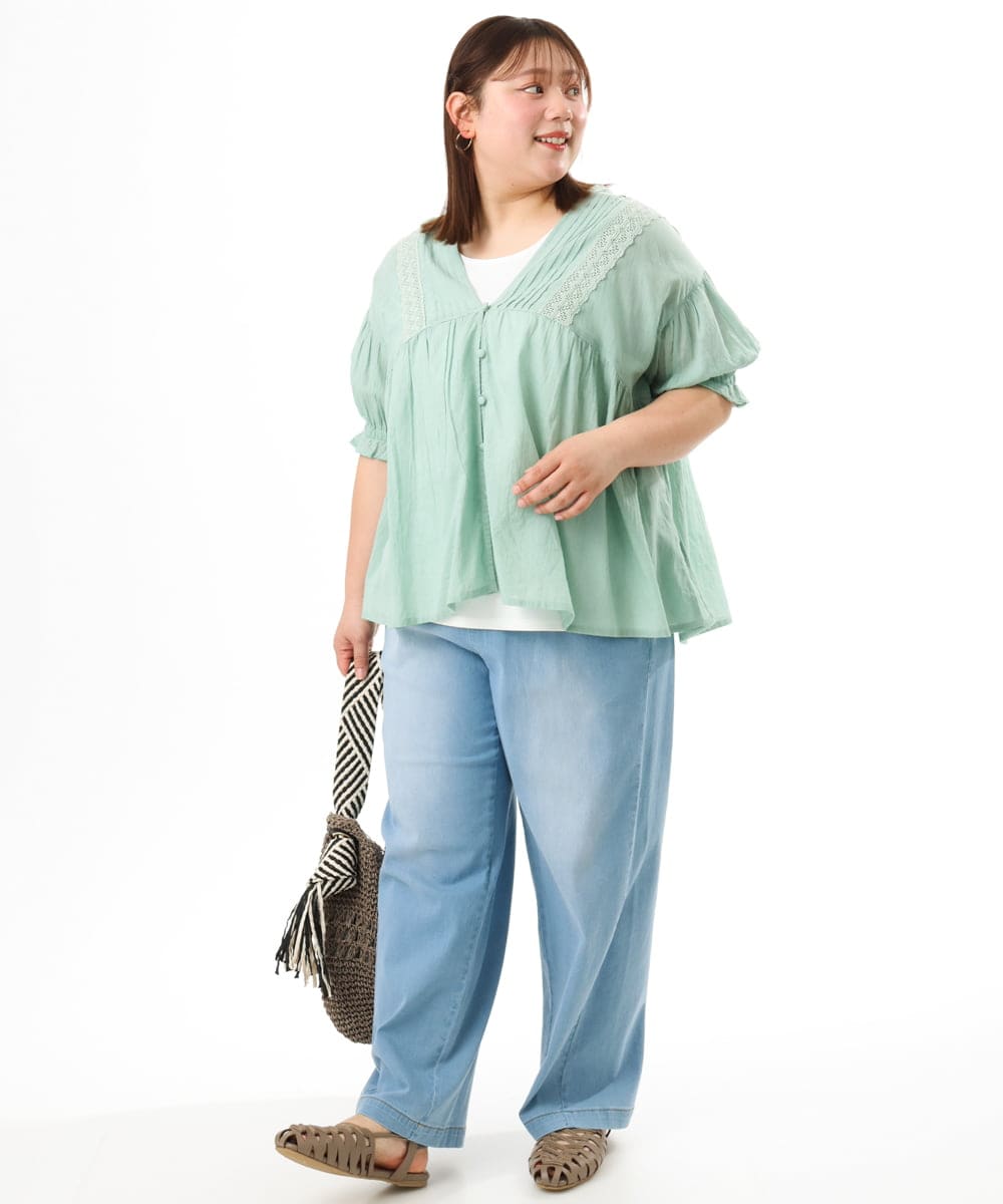 OLBFD03089 eur3(エウルキューブ) 【大きいサイズ】ピンタックコットンブラウス ライトブルー