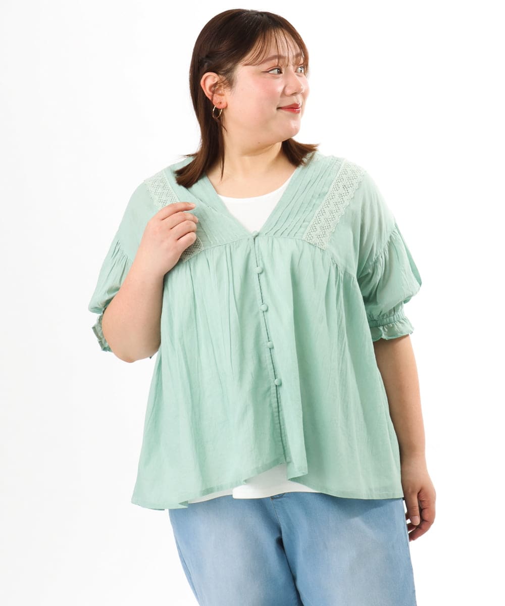 OLBFD03089 eur3(エウルキューブ) 【大きいサイズ】ピンタックコットンブラウス ライトブルー